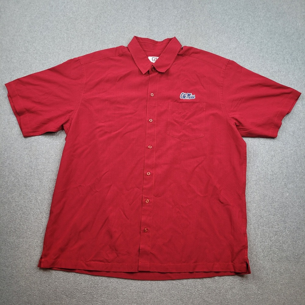 Cutter & Buck Button Front Shirt Mens XL Red Ole Miss Rebels Short Sleeve NCAA
